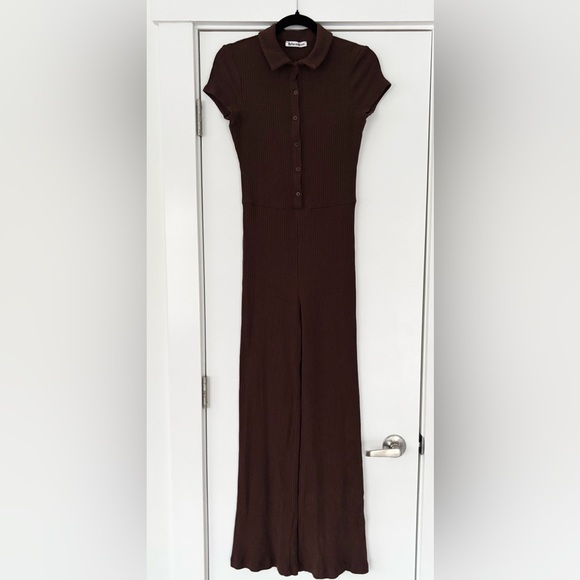 Reformation Leilani chocolate brown ribbed stretch flare leg jumpsuit size Small - Picture 2 of 8